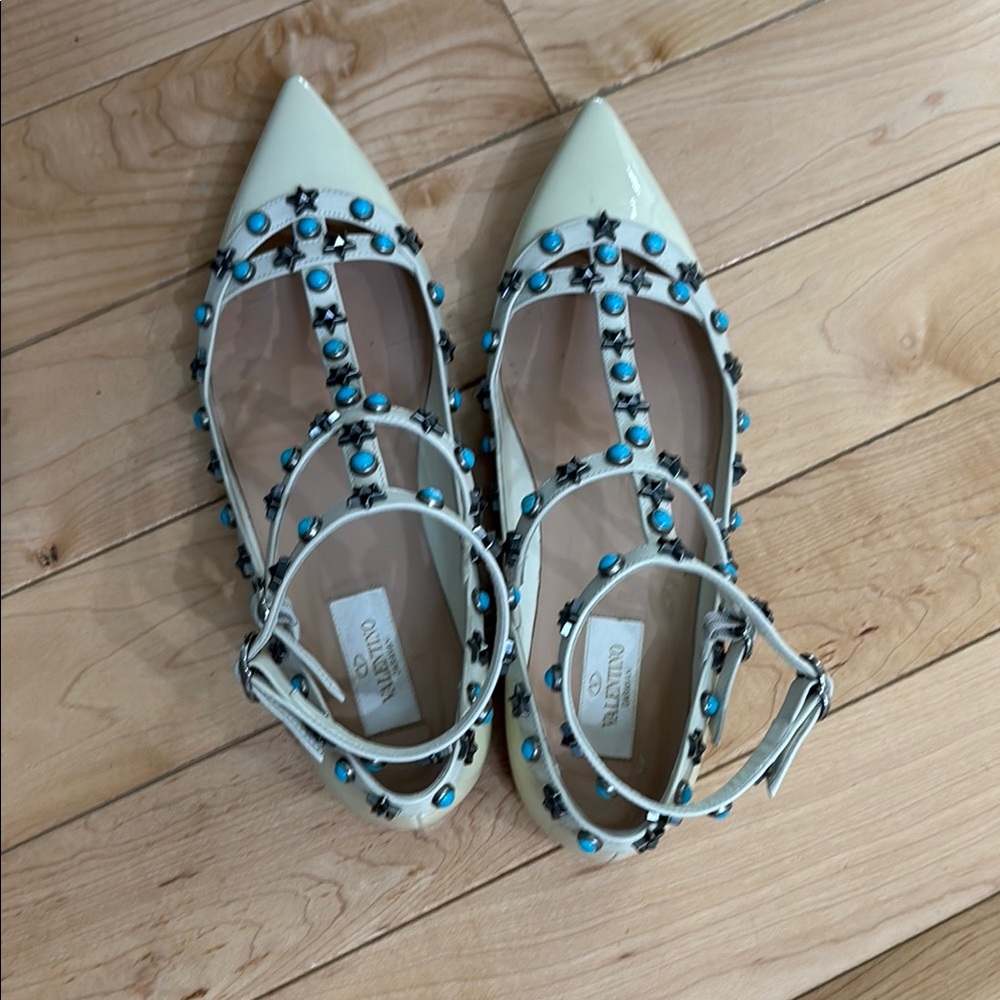 Valentino Cream and Blue Rockstud Flats with Star Studded Ankle Strap 38